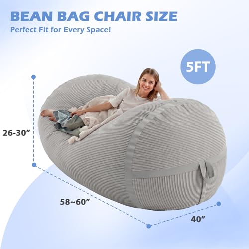 Image of 5FT Bean Bag Chair 5'Giant Bean Bag Chairs with Adults, Large Beanbag Chair | Bean bag Lounger with Machine Washable Cover Corduroy Fabric, Comfy Chairs for Living Room Bedroom Dorm, Lightgrey