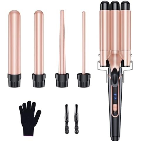 Waver Curling Iron Wand, BESTOPE PRO 5 in 1 Curling Wand Set with 3 Barrel Hair Crimper for Women, Fast Heating Hair Wand Curler in All Hair Type - Light Mauve Cover