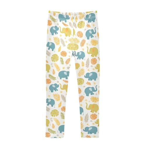 Wusikd Cute Elephants Girls' Leggings Toddler Doodles Jungle Leaves Kids Yoga Pants Dance Active Tights 4T