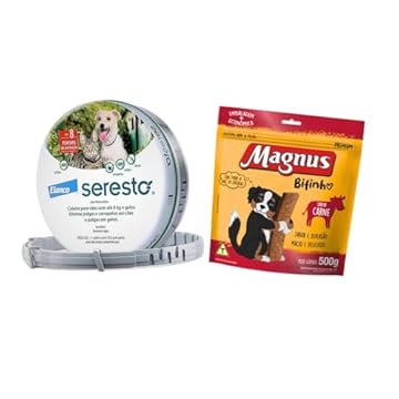 Kit Seresto Coleira Antipulgas Cães de até 8kg Elanco e Magnus Bifinhos Sabor Carne 500g