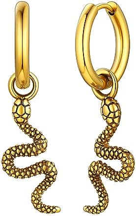 FaithHeart Snake Earrings, Punk Gothic Cobra Snake Hoop Earring Stainless Steel/Gold/Black, Dangling Serpent Earrings for Men Women - With Gift Packaging