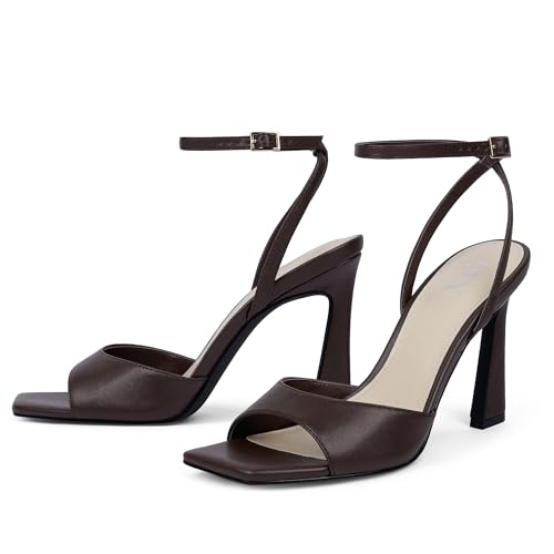Image of QIY Strappy Heels for Women Heeled Sandals Square Toe Heel Ankle Strap Stiletto Mesh High Heels Dress Shoes
