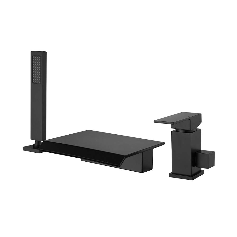 Waterfall Roman Tub Filler Faucet in Matte Black Finish, 3 Holes Single Handle Widespread Deck Mounted Black Bathroom Bathtub Filler Faucet & Hand Shower Solid Brass
