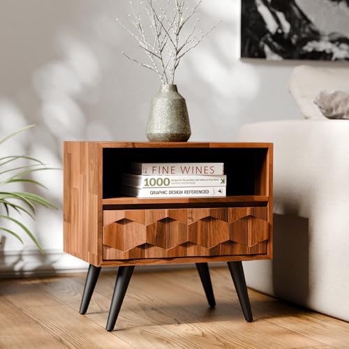 Image of Bme Georgina Solid Wood Nightstand with 1 Drawer & Open Shelf- Fully Assembled Mid Century Modern Side Table - Geometric Pattern Bedside Dresser for Bedroom and Living Room, Dark Chocolate