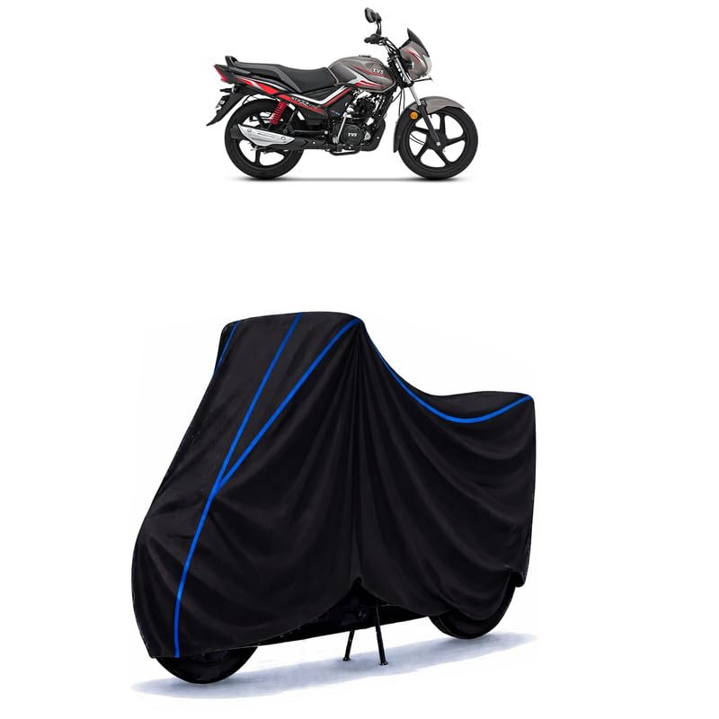 Image of TVS Star City Plus Disc Bike Cover Water Resistant Universal Motorcycle Rain | Heavy Duty UV Protection, Dust, Scratch Indoor Outdoor All Weather with Black Blue Piping Elastic
