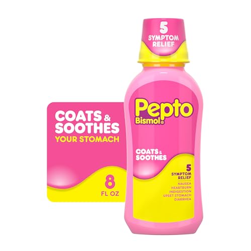 Pepto Bismol Liquid Upset Stomach Relief Nausea Relief Heartburn Relief Indigestion Relief Anti Diarrhea Medication for Adults - 5 Symptom Fast Relief 8 oz (Packaging May Vary)