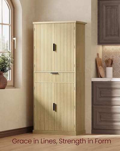 Image of VASAGLE MAXE Collection - Pantry Cabinet, 70.6-Inch Tall Storage Cabinet with Drawer, 6 Adjustable Shelves, 2 Cabinets, Fluted Doors, Mid Century Modern, for Kitchen Living Room, Oak Beige UBBK365Y01