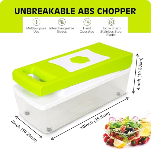 Image of Tekcool 9 in 1 Multipurpose Chopper, Fruits & Vegetable Cutters, Grater Peeler Chipser, Unbreakable Food Grade Body, Easy Push to Clean Button Slicer Dicer, Chopper for Kitchen (Green, Plastic)