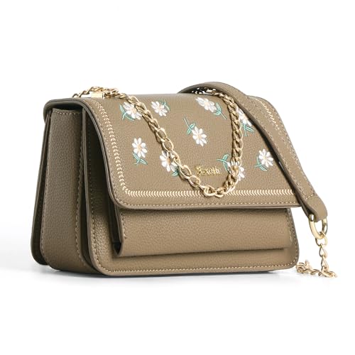 Image of EXOTIC Fiora Daisy Sling Bag for Women | Embroidered Floral Leatherette Crossbody Handbag with Chain Detail & Flap Closure | Elegant Casual & Party Purse