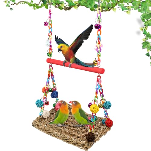 Image of Bird Swing Mat with Wood Perch, AHIER Seagrass Bird Hammock for Conures with Chewing Toy for Parakeets, Budgie, Cockatiel Cage Accessories (Rose-Pink Pole)