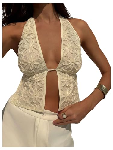 MakeMeChic Women's Floral Textured Halter Top Sleeveless Tie Back Elegant Cami Crop Tops