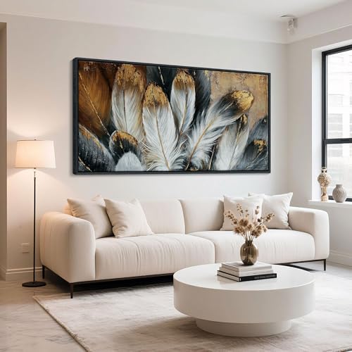 Image of Mofutinpo Framed Wall Art Modern Living Room Bedroom Wall Decoration Large Canvas Painting Artwork for Home Decor Gold Brown Feather Picture Ready to Hang 30x60 Size Black Framed