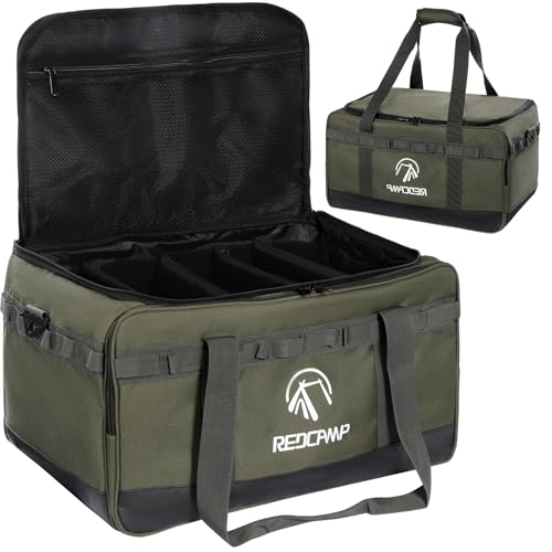REDCAMP Camping Tote Organizer, 35L Tactical Duffel Bag, Waterproof Camp Storage Organizer with 3 Adjustable Dividers and Shoulder Strap for Outdoor Transport, Army Green