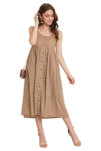 Image of COTLAND Fashions Jaipuri Cotton Printed Flared Strappy A-Line Dress for Women (Ocean Orchid)