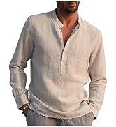 Linen Shirts for Men Summer Beach Shirt Long Sleeve Pullover Tops V Neck Blouses Casual Loose Pla...