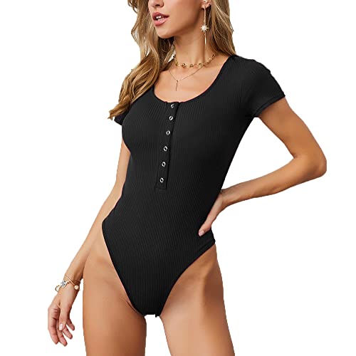 FDEETY Body Damen Kurzarm Bodysuit Gerippt Knopfleiste Rundhalsausschnitt...