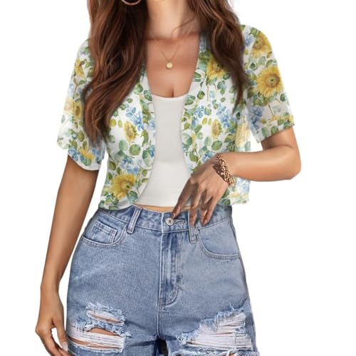 Image of Womens Short Sleeve Cardigans Lightweight Summer Cardigan Trendy Bolero Shrug Cute Floral Cardigan Sheer Bolero