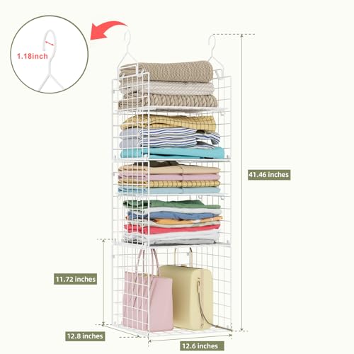 Image of X-cosrack Closet Hanging Organizer and Storage - 5 Tier Hanging Shelves, Wire Closet Shelf Organizer Basket with Adjustable Dividers for Home Clothing Sweaters Shoes Handbags