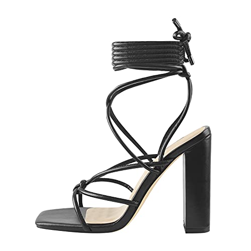Lishan Women's Square Open Toe Chunky High Heel Lace Up Sandals Cross Strap Slingback Solid Color Pu Thick Heels Summer Backless Ankle Strappy Fashion Party Shoes Black Size 9 #TOP24