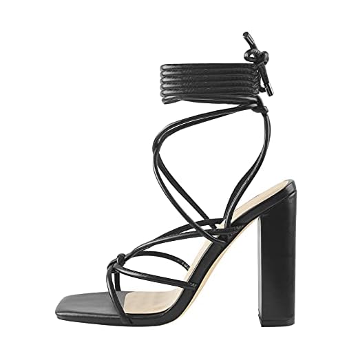 LISHAN Women's Square Open Toe Chunky High Heel Lace Up Sandals Cross Strap Slingback Solid Color PU Thick Heels Summer Backless Ankle Strappy Fashion Party Shoes Black Size 9