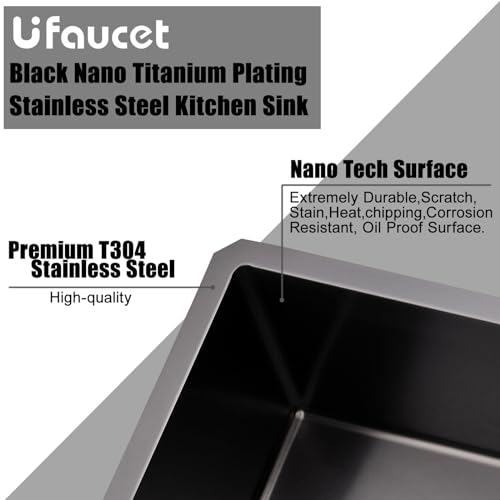 Image of 30x18 Inch Black Undermount Kitchen Sink, Stainless Steel Single Bowl Nano Black16 Gauge 9 Inch Deep Kitchen Sink with Strainer