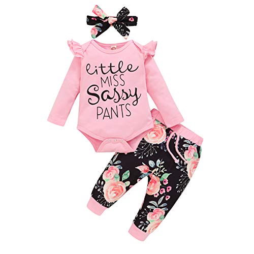 CARETOO Conjunto de ropa para bebé y niña, con volantes, parte superior y pantalones florales, con cinta para la frente. Rosa. 90 cm