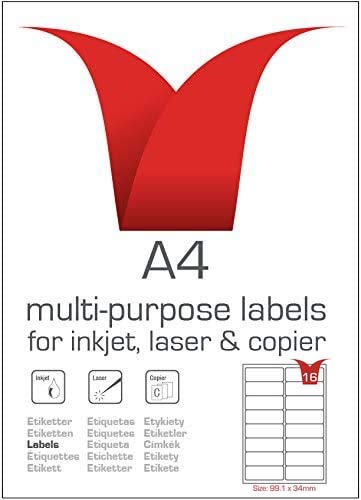 Multi-Purpose A4 White Self-Adhesive Labels - Die Cut 99.1 x 34mm - 16 Labels per Sheet - 100 Sheets per box/1600 Labels per Pack