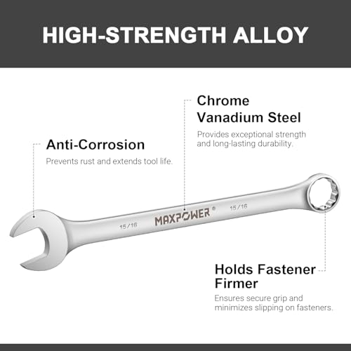 Image of MAXPOWER 15 /16 inch Combination Wrench, Industrial Grade - 12-Point Box End, Chrome Vanadium Steel, Off-Corner Design, 15 Offset - SAE
