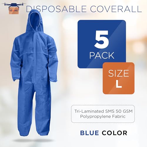 EZGOODZ Blue Disposable Coveralls with Hood, L. 5 Pack Hazmat Suits Disposable. 60 GSM Micropourus Painters Suit. Painters Coveralls with Front Zipper, Elastic Wrist, Ankle