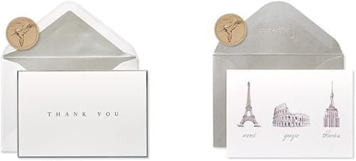 Papyrus Tarjetas de agradecimiento con sobres borde plateado 16 unidades y tarjetas de agradecimiento con sobres iconos del mundo 14 unidades