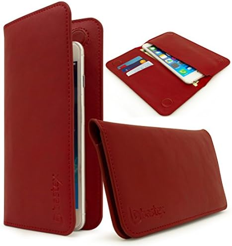 Universal Bastex Wallet Case Bi-Fold Red PU Leather Purse Clutch Style 3 Card Slot 2 Pockets for Money Credit Debit Cards for Samsung Android Phones iPhone 6 iPhone 6s Plus & iPhone 7 iPhone 7 Plus