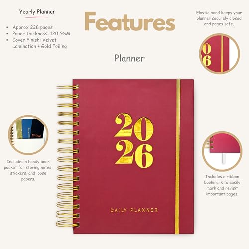 Image of Merlot Edition Planner with Bookmark | Planner Set Includes A5 Journal (22x17 cm) 228 Pages | 120 GSM | 250+ Stickers | Bookmark with Cover Box (The Merlot Edition, Aesthetic Series)