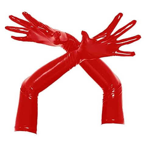 YiZYiF Frauen Glänzend Faux Leder Handschuhe Lange Sexy Stretch Latex Handschuhe Ärmel Stulpen Schwarz Rot Gogo Clubwear Rot S Cover