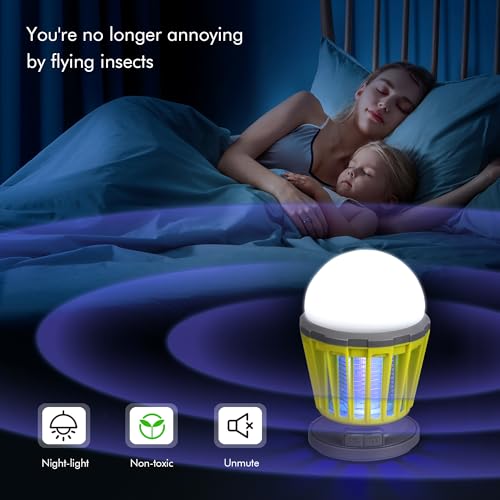 Solar Bug Zapper Outdoor Waterproof, Portable Mosquito Zapper, 2-in-1 Cordless & Rechargeable Bug Zapper with LED Light for Home, Camping, Patio, Yard, Pool (Green