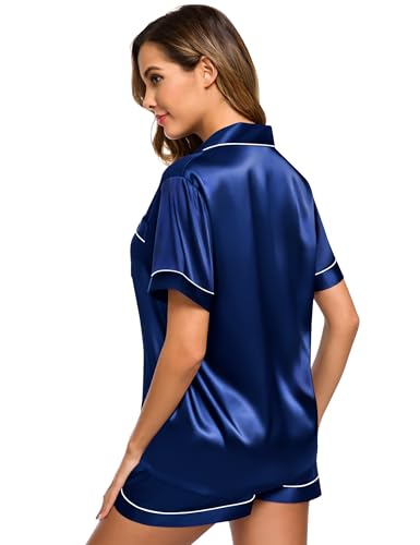 Image of SWOMOG Womens Silk Satin Pajamas Set Short Sleeve Sleepwear Button Down Top and Shorts Loungewear 2 Piece Pjs Set XS-3XL