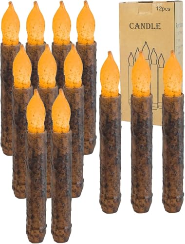 Image of 12Pcs 6.5'' Real Wax Primitive Taper Candles with 6H Timer | Auto-on 6 Hours and Off 18 Hours Everyday,Hand DHand Dipped for Rustic Window Decoration