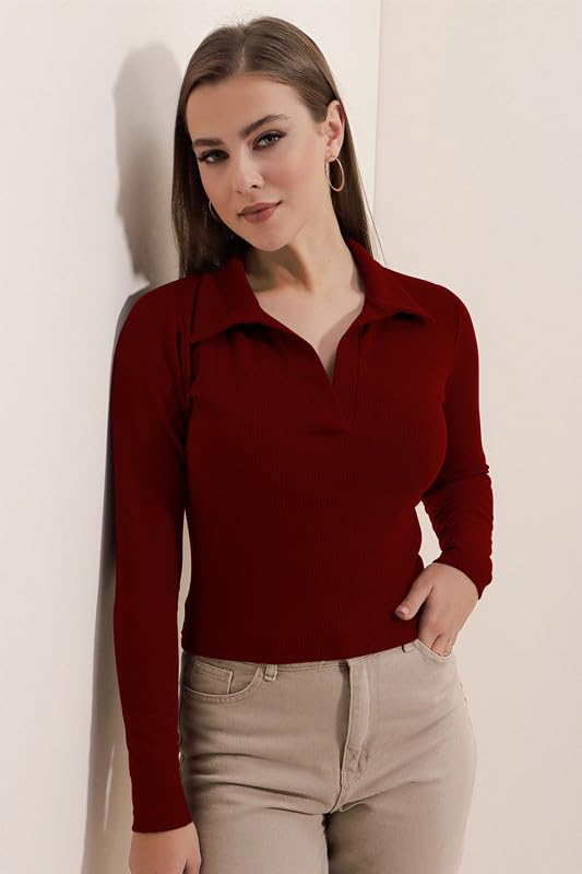 Image of Dream Beauty Fashion Women's Collared Neck Long Sleeve Slim Fit Casual Tee Top, 23 inch inches (Apple-01-P)