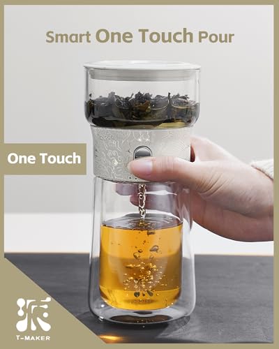 Image of ZENS Cool Glass Teapot with Infuser, Smart One Touch Tea Maker for Loose Tea Diffusers with Insulated Mug and Portable Tea Kits, Enchanted Teapot Alternatives for Tea Lover Gifts
