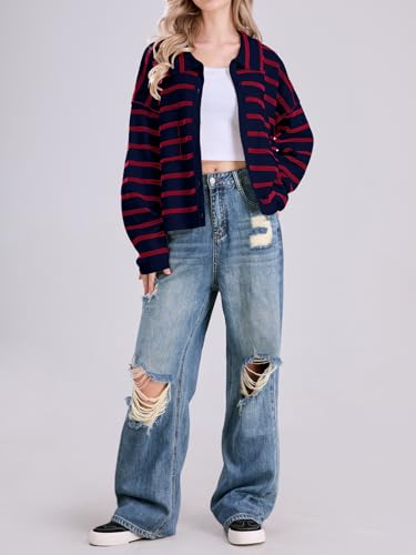 Image of chouyatou Women's Button Down Striped Cardigan Sweater Polo Collar Open Front Knit Jacket 2024 Fall Outfits