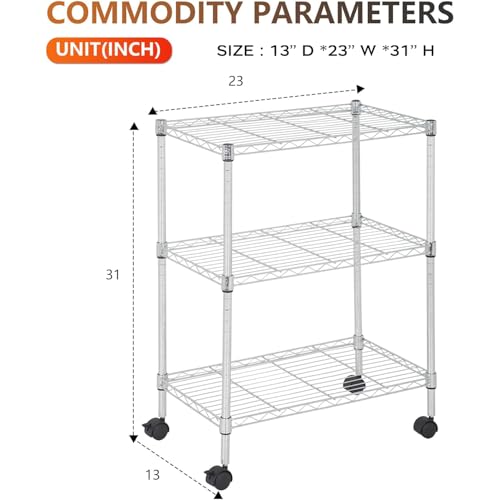 Image of BestOffice | 3-Tier Wire Storage Shelves with Wheels | 23x13x31 | Chrome | Adjustable Racks | Heavy-Duty Metal Shelf, Holds Upto 170 lbs | No-Tool Assembly | Ideal for Home & Garage Shelving