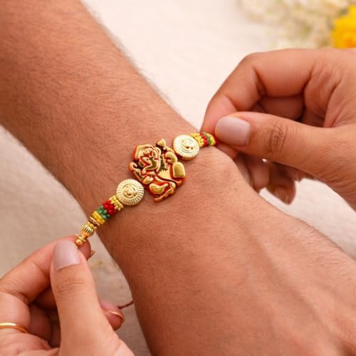 Image of JAIPUR ACE Designer Lord Ganesha Rakhi Bracelet with Multicolor Beads - Premium Gold Finish Raksha Bandhan Thread for Brother
