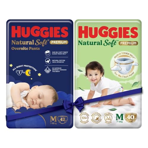 Image of Huggies Natural Soft Day+Night Combo|Premium Pant style baby diapers| Medium (M) Size (7-12 Kgs), 82 count |Our No.1 Soft Pants with Cloud soft belt |Leakage guard, Wetness Indicator and 12 hr Absorption