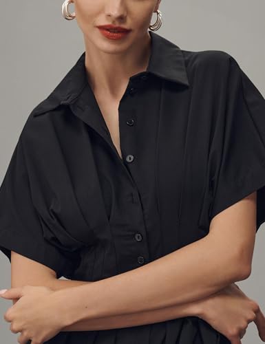 Image of Yeokou Shirt Dress for Women Summer Casual Short Sleeve Button Down Loose Pleated Maxi Sundress with Pockets