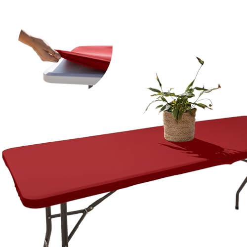 Glop - Mantel Rojo Mesa Rectangular Ajustable, Funda de Tela Elástica para Mesa Plegable [182 x 76 cm], Repelente al Agua y Antimanchas, Cubre Mesa para Navidad, Cenas Románticas, Fiestas y Decoración