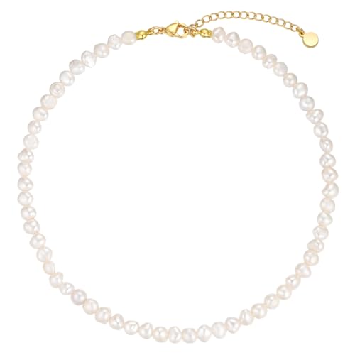 Natural Freshwater Baroque Pearl Necklace 14K Gold Plated Dainty Choker Necklace for Women Girls Snake Chain/Cuban Link/Paperclip/Ball Beaded Chain/Tennis Chain Fashion Jewelry for Gift