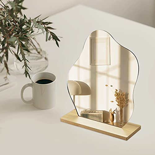 Irregular Aesthetic Mirror Frameless Funky Makeup Mirror Decorative Desk Tabletop Wavy Mirror With Wooden Stand For Living Room Bedroom And Minimal Spaces Home Decor (Cloud Shape) #TOP2