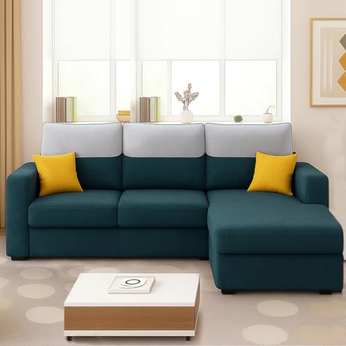 Image of Furny Tokiaa 4 Seater Fabric RHS L Shape Sofa Set (Greenish Teal) | Soft Velvet Fabric | Modern Design | Comfortable Seating | Living Room Furniture