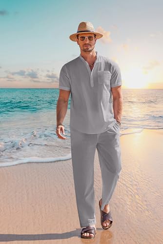 COOFANDY Men's 2 Pieces Cotton Linen Set Casual Short Sleeve Henley Shirts Beach Yoga Pants Summer Outfits - image 3