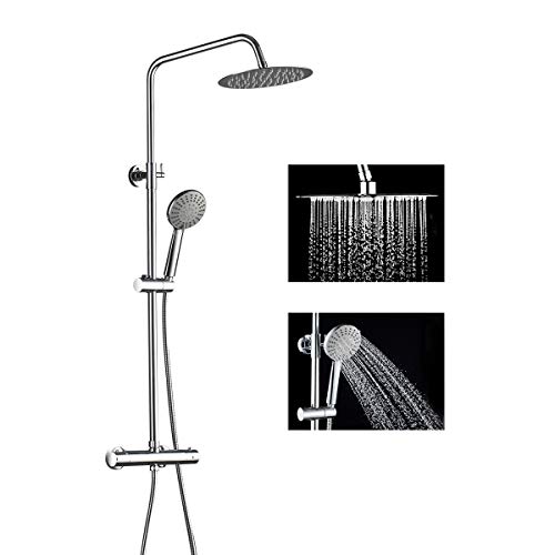 Ensemble de système de douche thermostatique ROVOGO avec robinet de mitigeur en laiton, pomme de douche à effet pluie de 10 pouces avec douche à main à 5 fonctions et bras de douche à hauteur réglable, montage mural, chrome
