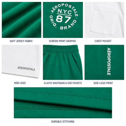 Image of AEROPOSTALE Boys Athletic Shorts Set 3 Piece Graphic T Shirts Fleece Shorts | Soft Breathable Jersey Tees, Elastic Waistband, Side Pockets, Screen-print Design, Durable Stitching for School & Play